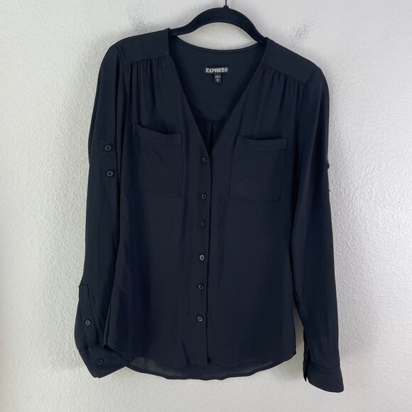 Express Womens XS Black Button Up Shirt Roll Tab Sleeve Blouse Top Collarless - Picture 1 of 7